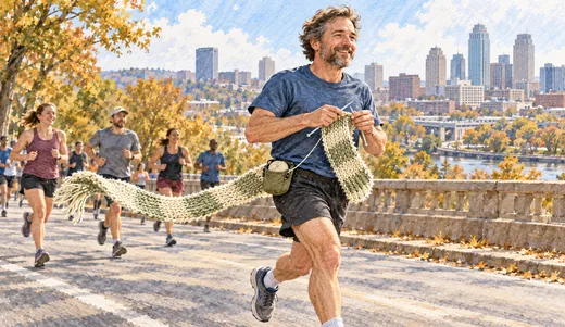 Illustration of a runner knitting a scarf with two needles as other runners pass nearby.
