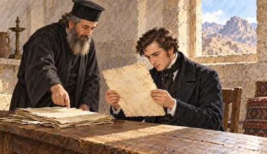 Illustration of a nineteenth-century scholar and an Orthodox monk examining loose parchment leaves in a monastery.