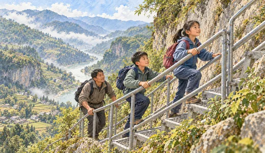 Illustration of two pupils carrying backpacks along a steep steel cliff route with an accompanying adult.