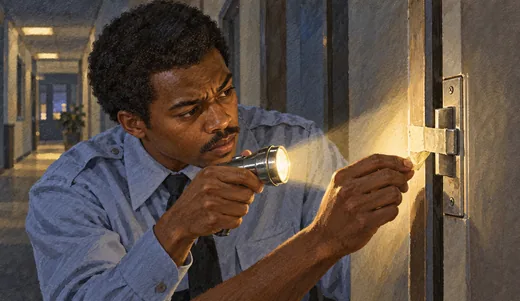 Illustration of a security guard shining a flashlight on masking tape across a door latch and beginning to peel it away.