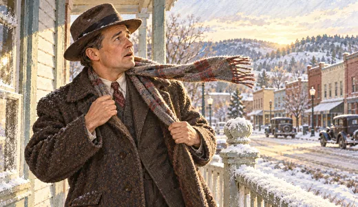 Illustration of a man holding his scarf and coat against a gust on a snowy small-town street at sunrise.