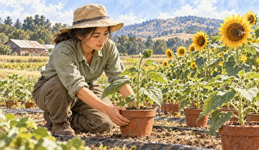 Illustration of a field biologist turning a potted young sunflower, with mature sunflowers and a bee nearby.