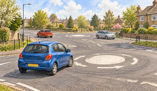 Illustration of cars approaching two nearby mini-roundabouts on an English road.