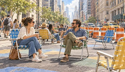 Illustration of people relaxing in folding lawn chairs on painted asphalt, with orange barrels separating them from traffic.