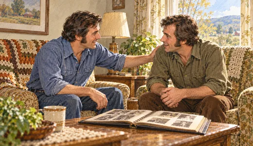Illustration of two similar-looking adult brothers greeting each other beside a family album in a 1970s room.