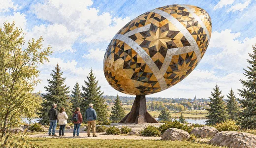 Illustration of a giant patterned metallic Easter egg tilted on a dark pedestal, with park visitors showing its scale.