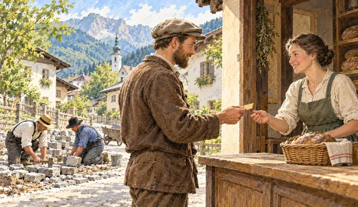 Illustration of a workman offering a paper note to a bread shopkeeper while laborers repair paving on an Austrian street.