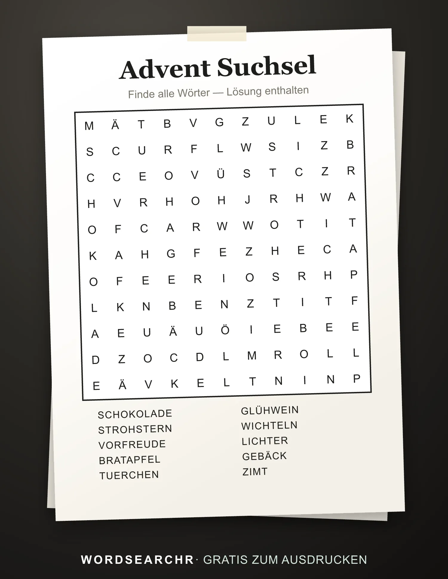 Advent Suchsel zum Ausdrucken — 10 Wörter, Lösung enthalten