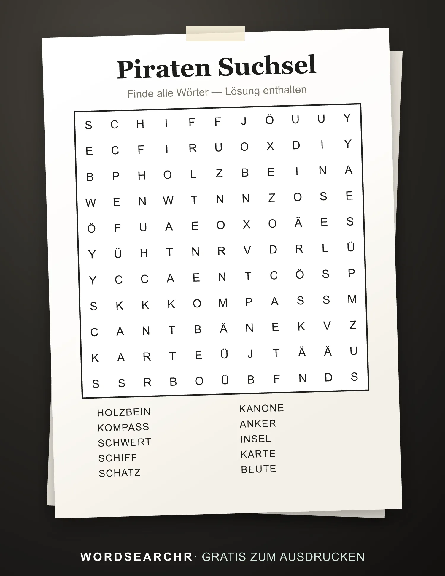 Piraten Suchsel zum Ausdrucken — 10 Wörter, Lösung enthalten