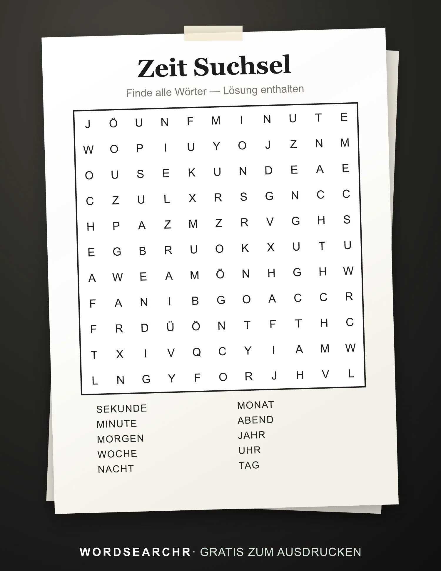 Zeit Suchsel zum Ausdrucken — 10 Wörter, Lösung enthalten