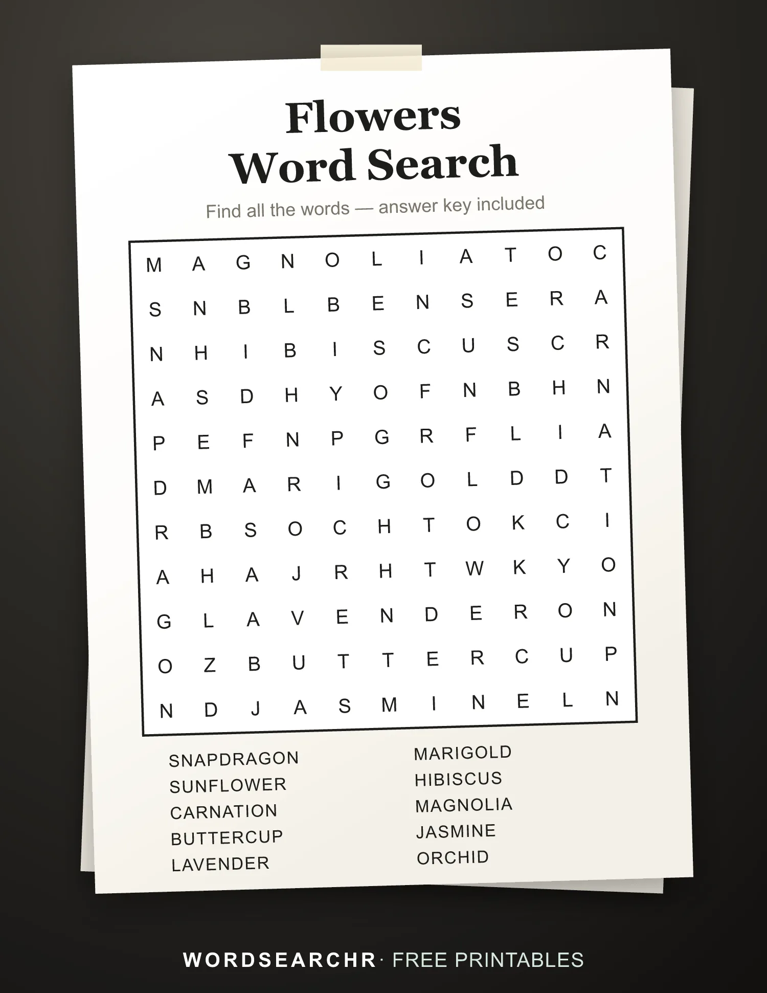 Printable Flowers Word Search — 10 words, Answer key included