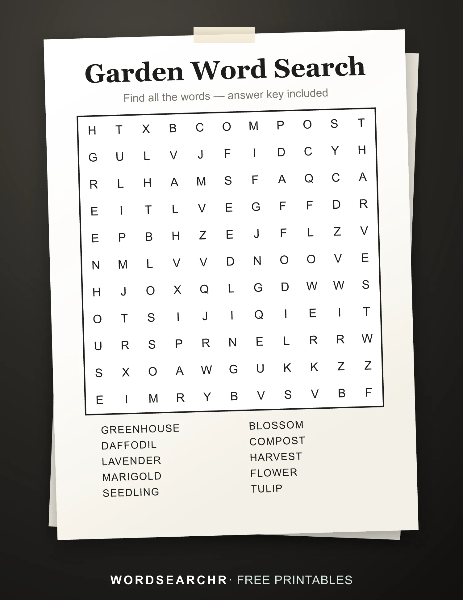 Printable Garden Word Search — 10 words, Answer key included