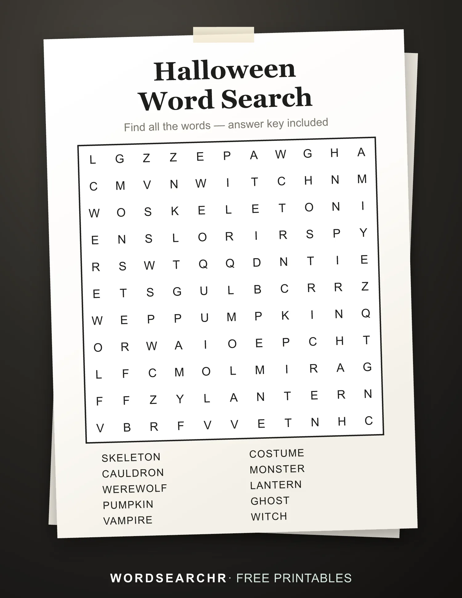 Printable Halloween Word Search — 10 words, Answer key included