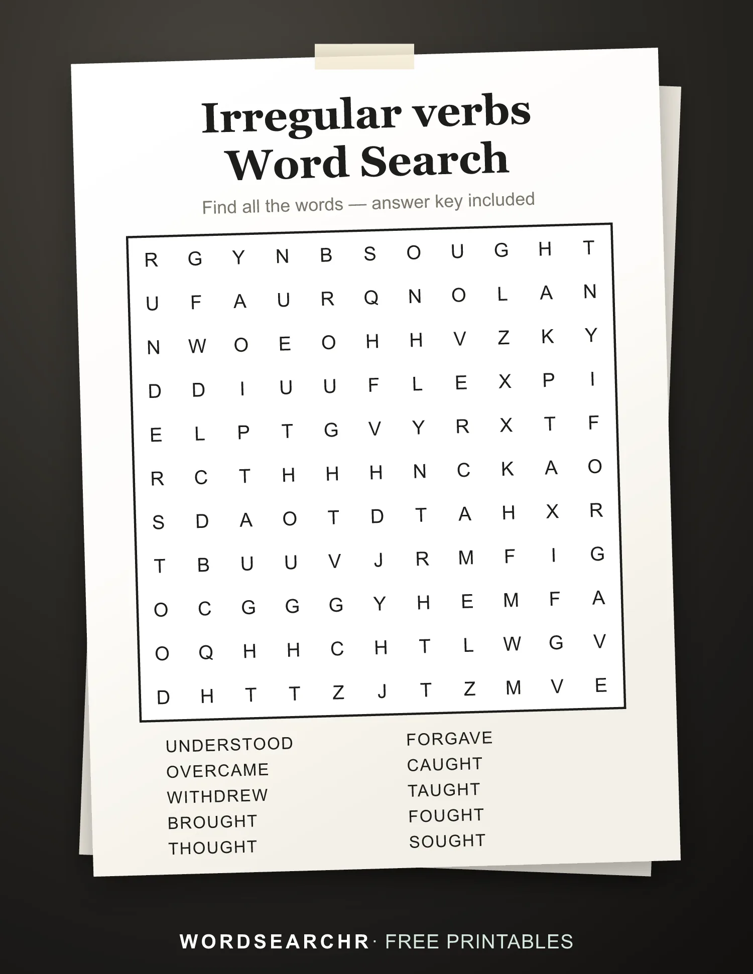 Printable Irregular verbs Word Search — 10 words, Answer key included