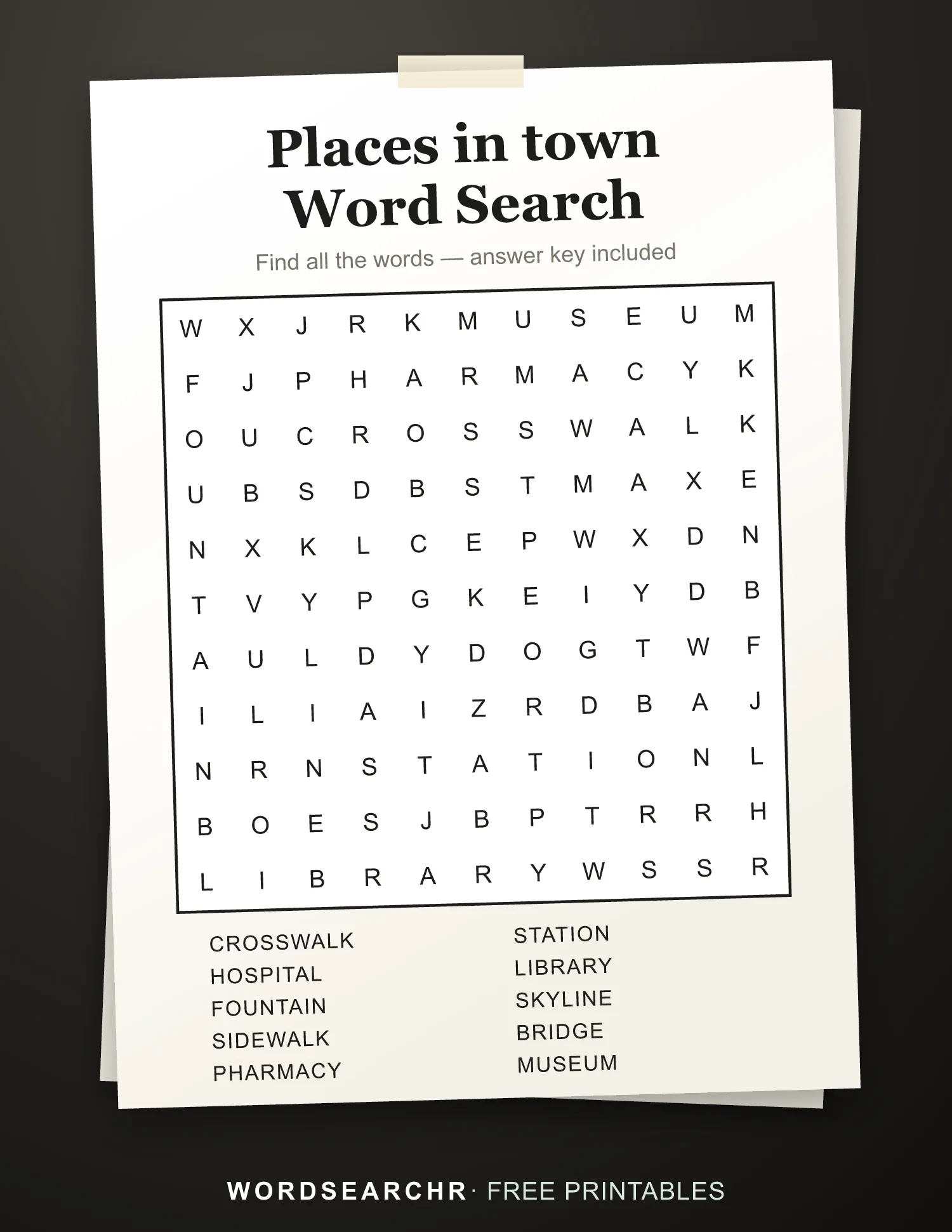 Printable Places in town Word Search — 10 words, Answer key included