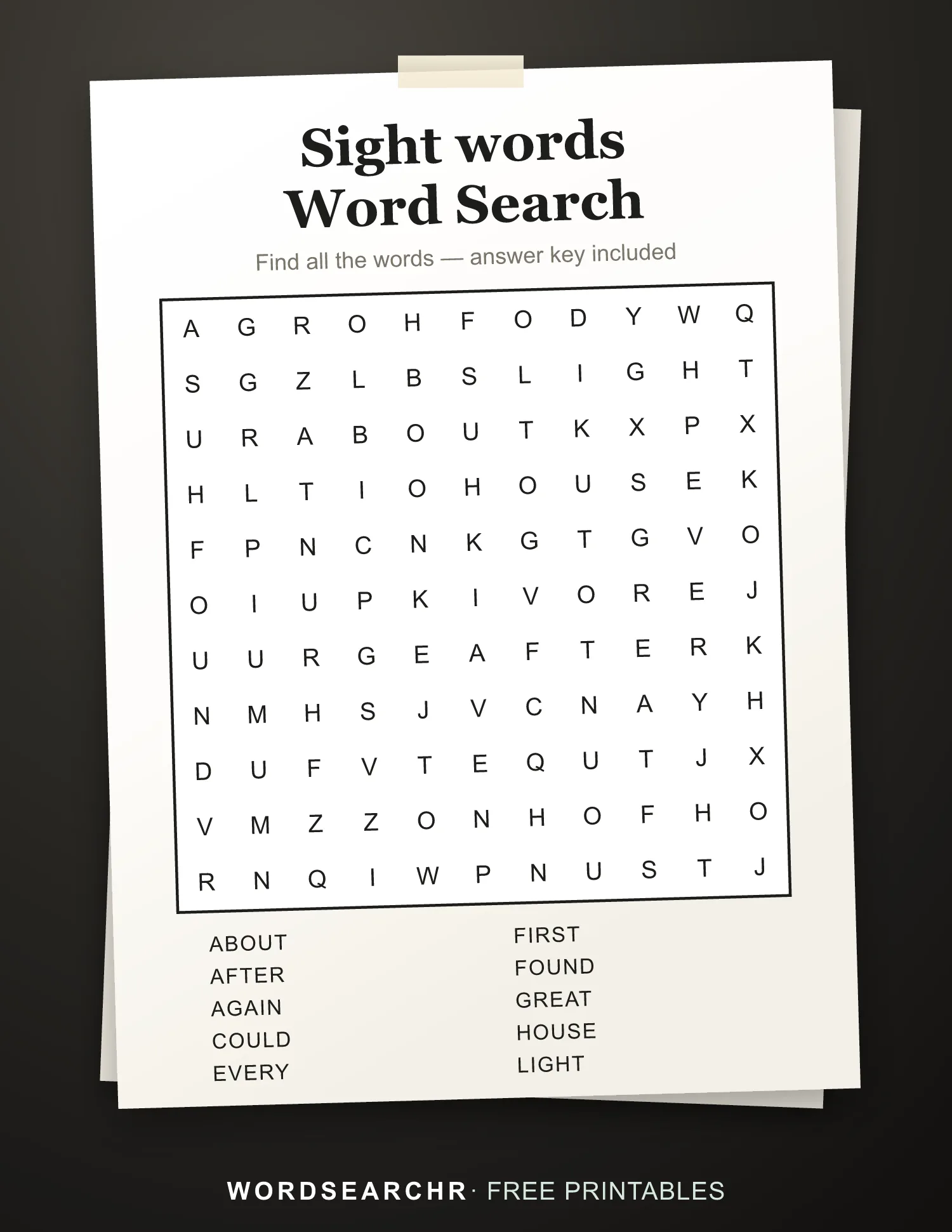 Printable Sight words Word Search — 10 words, Answer key included