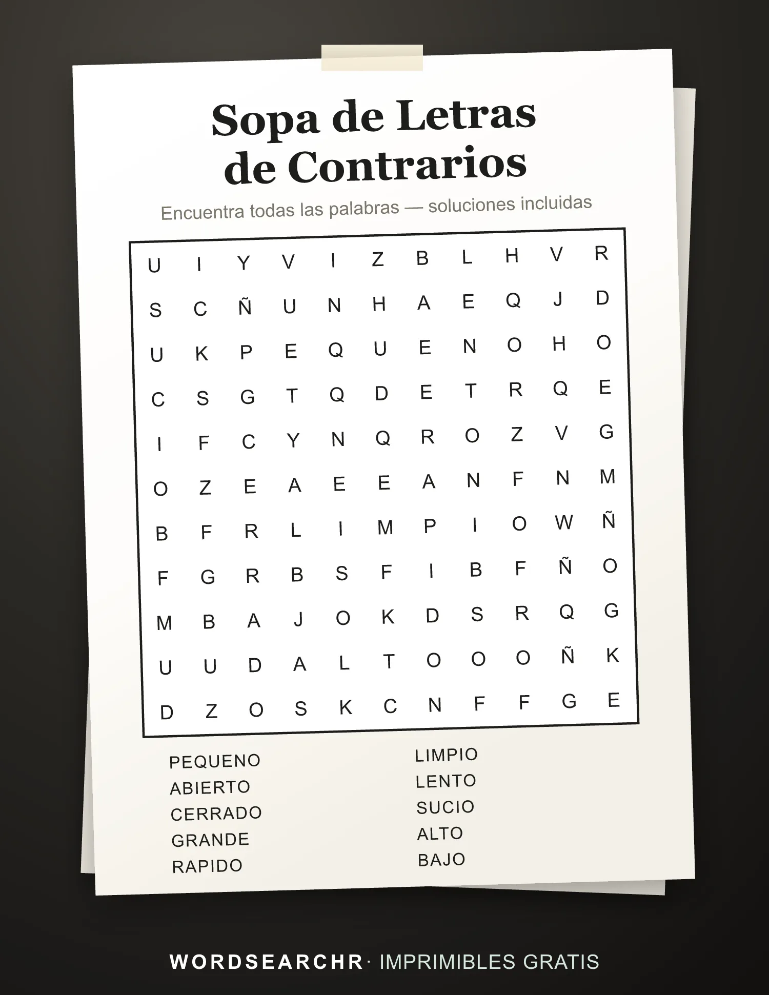 Sopa de Letras de Contrarios para Imprimir — 10 palabras, Soluciones incluidas