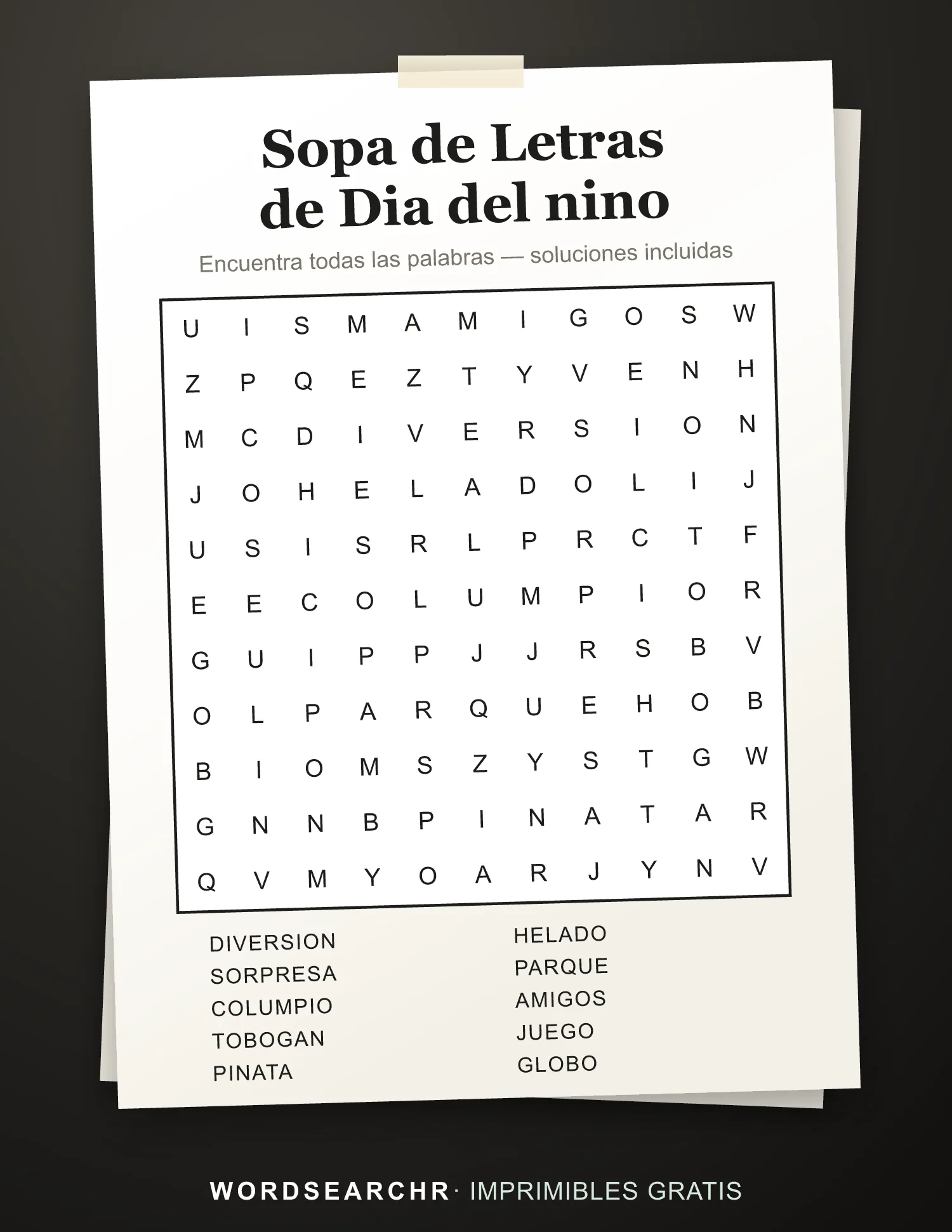 Sopa de Letras de Dia del nino para Imprimir — 10 palabras, Soluciones incluidas