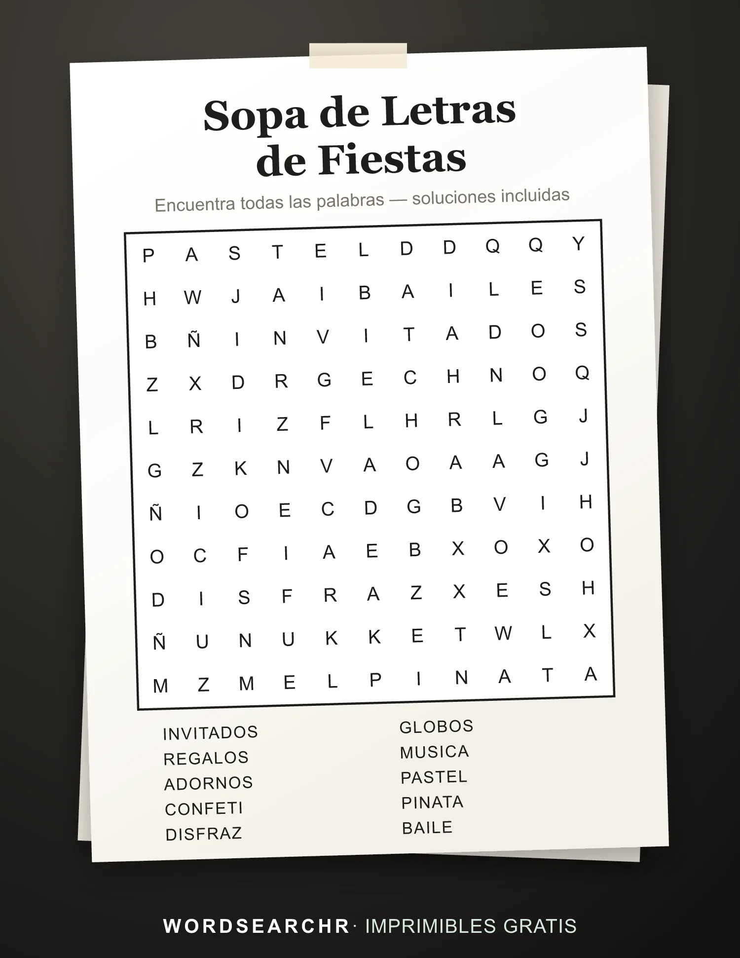 Sopa de Letras de Fiestas para Imprimir — 10 palabras, Soluciones incluidas