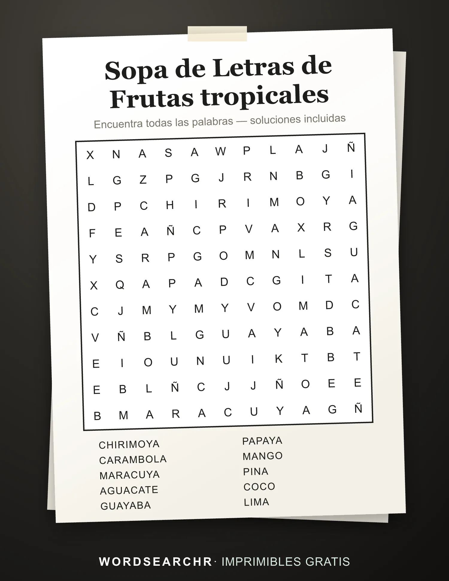 Sopa de Letras de Frutas tropicales para Imprimir — 10 palabras, Soluciones incluidas