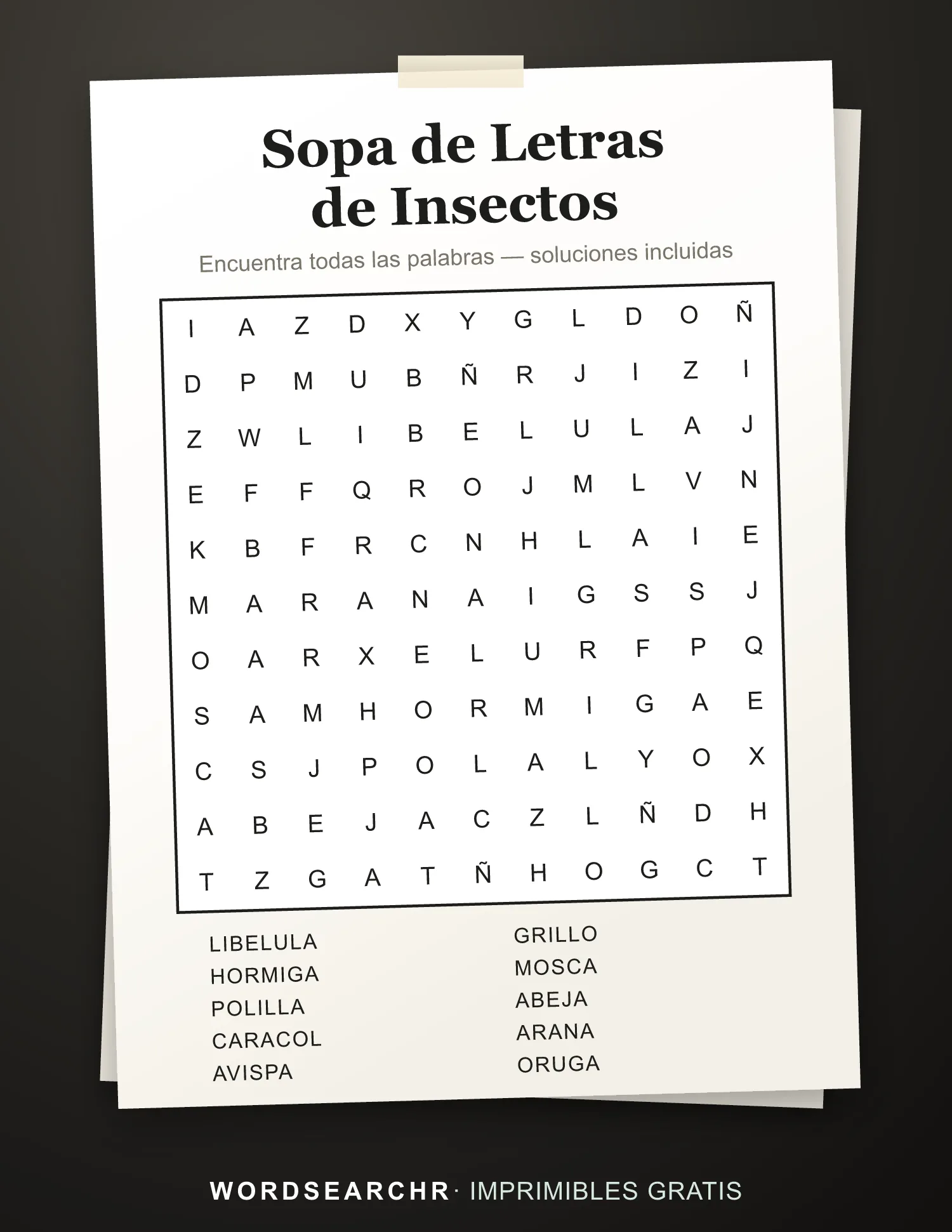 Sopa de Letras de Insectos para Imprimir — 10 palabras, Soluciones incluidas