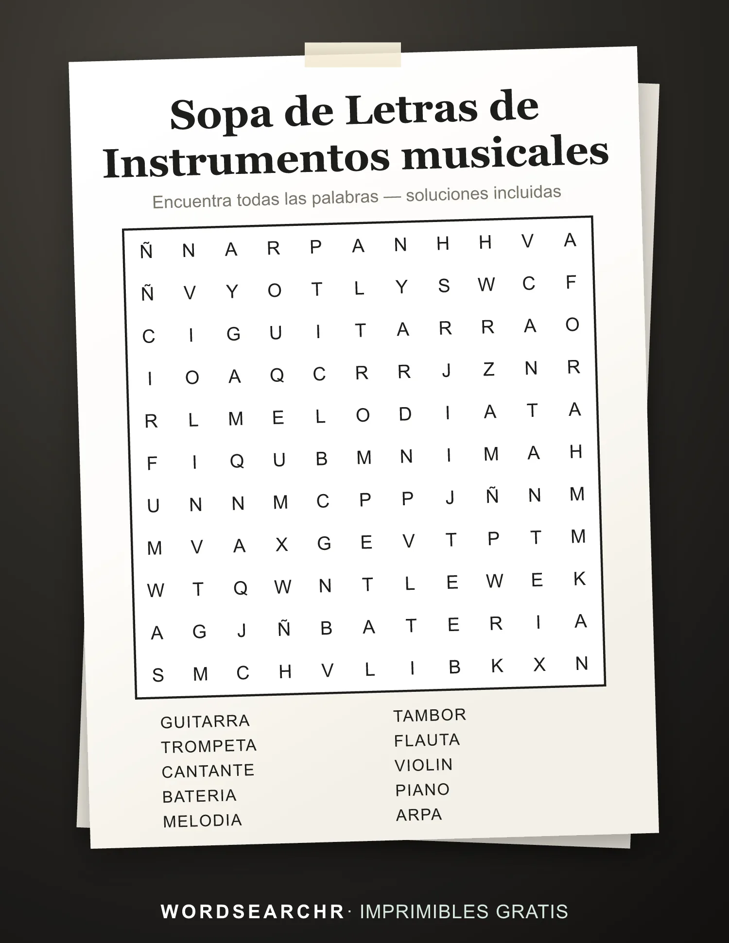 Sopa de Letras de Instrumentos musicales para Imprimir — 10 palabras, Soluciones incluidas