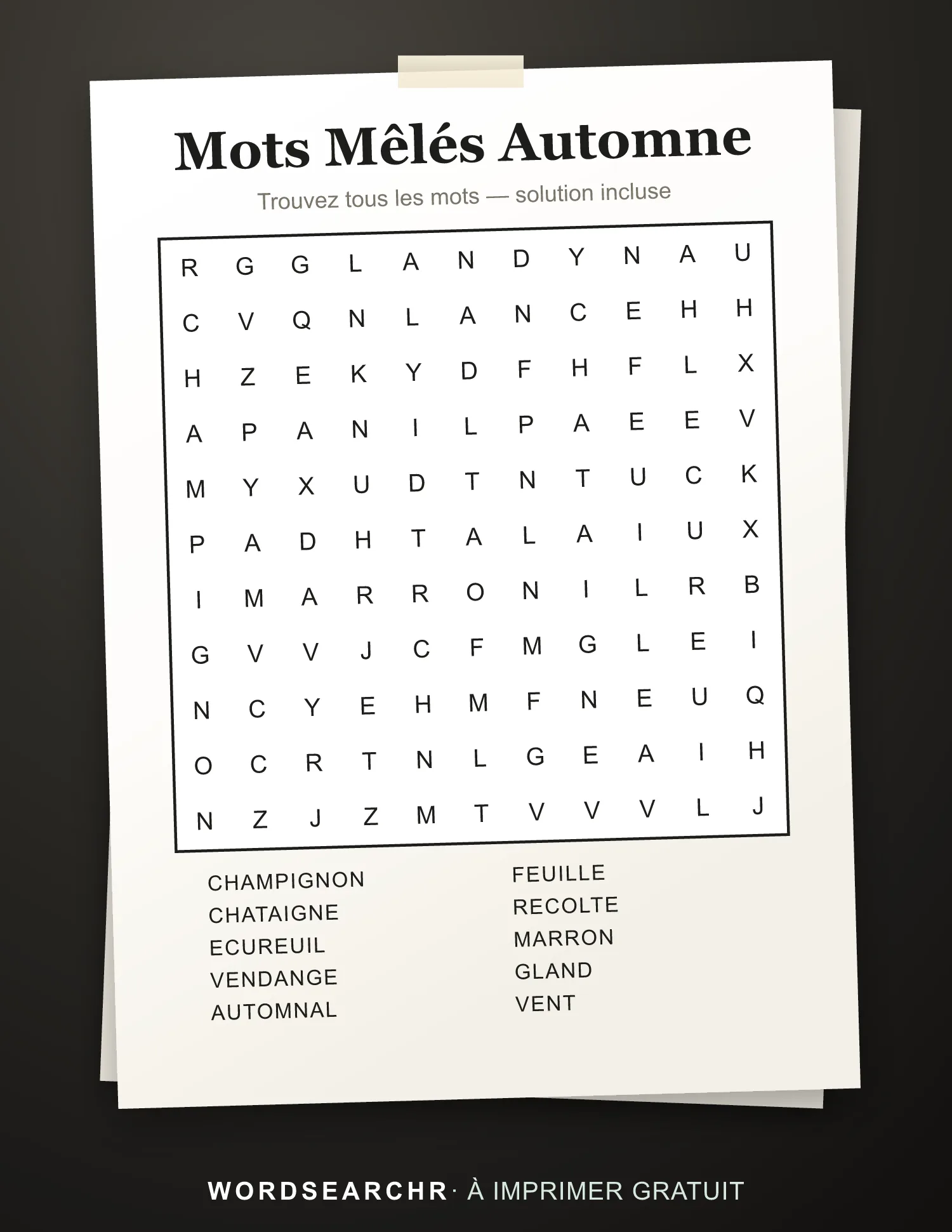 Mots Mêlés Automne à Imprimer — 10 mots, Solution incluse