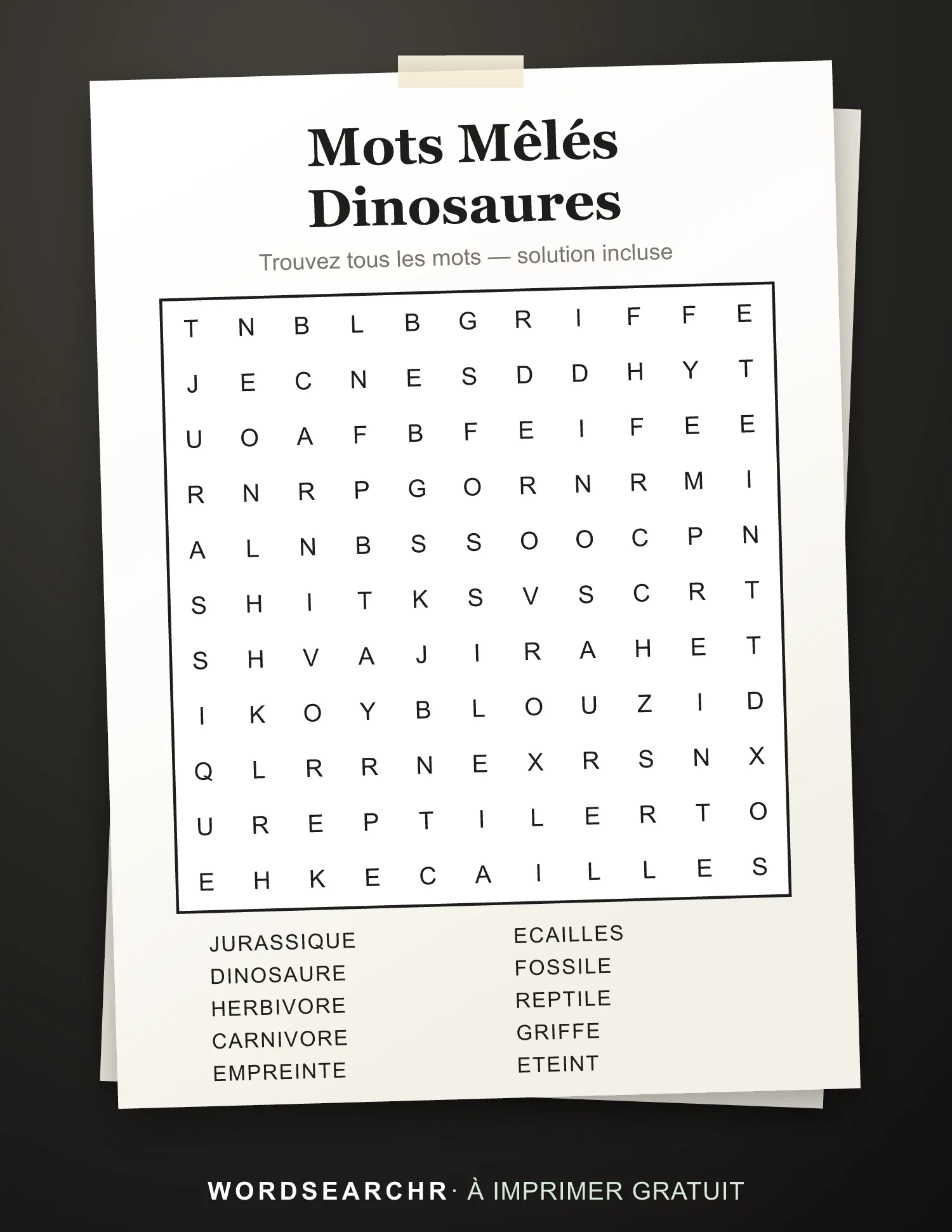 Mots Mêlés Dinosaures à Imprimer — 10 mots, Solution incluse