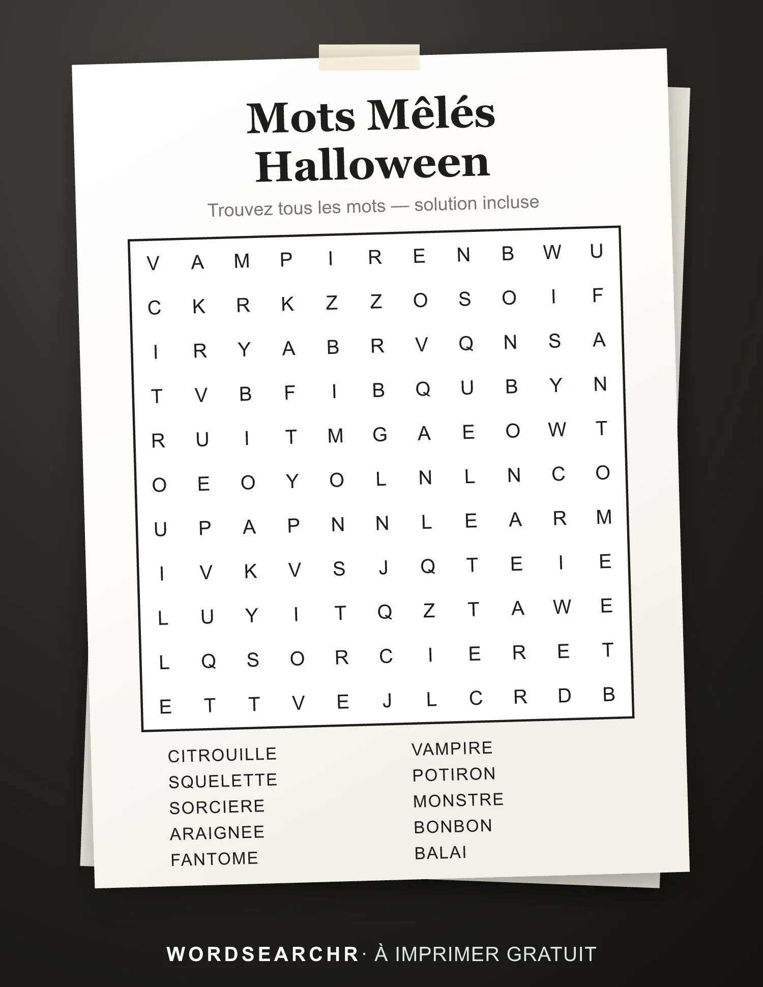 Mots Mêlés Halloween à Imprimer — 10 mots, Solution incluse