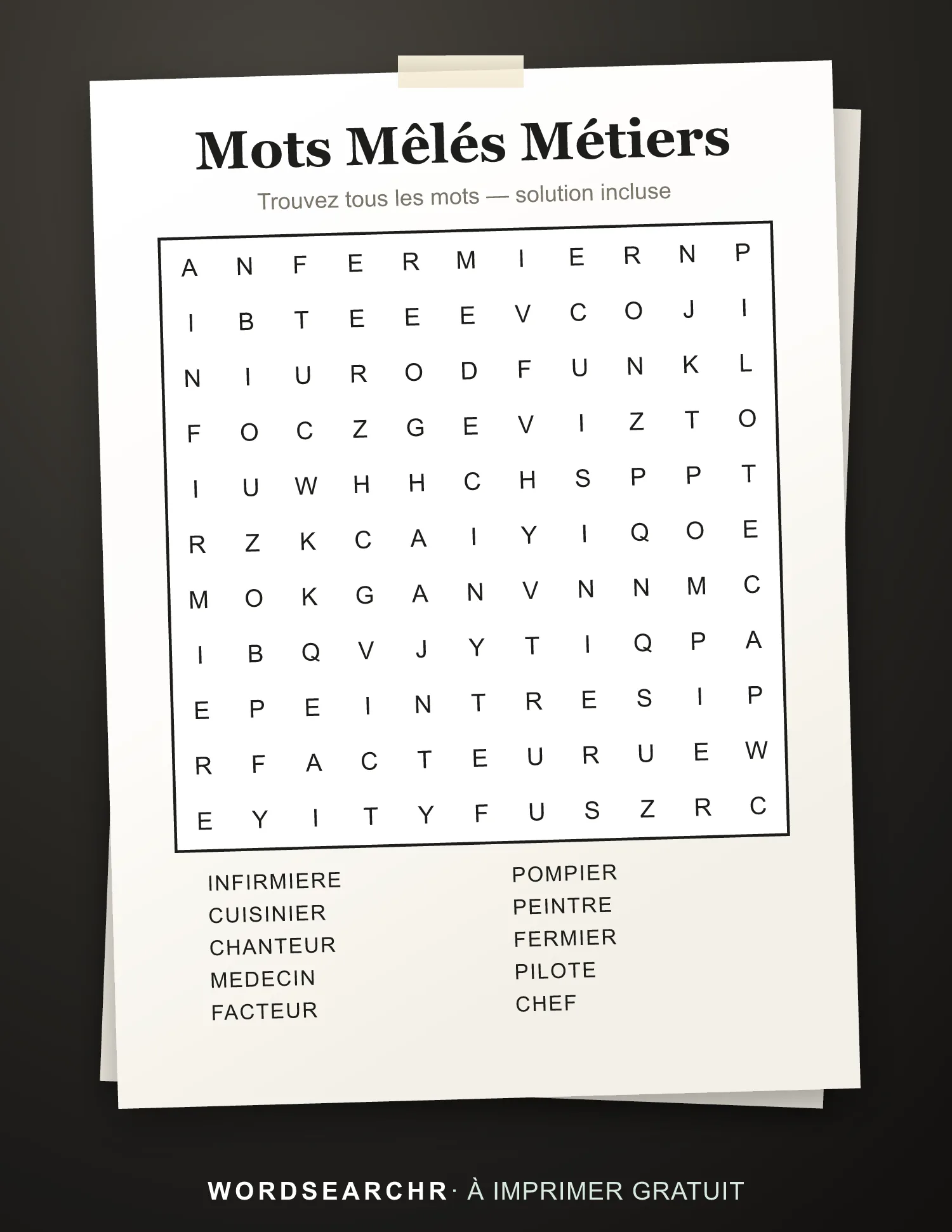 Mots Mêlés Métiers à Imprimer — 10 mots, Solution incluse