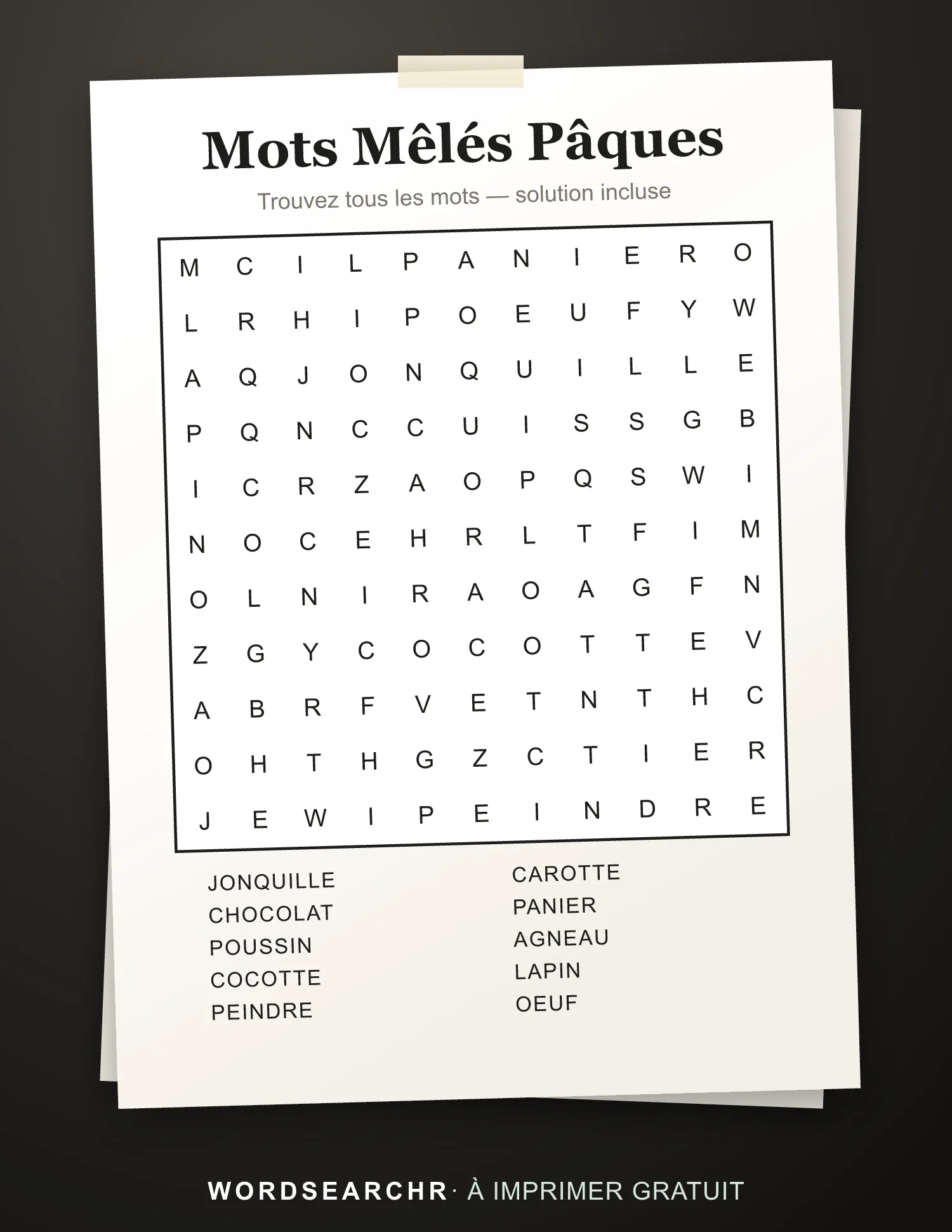 Mots Mêlés Pâques à Imprimer — 10 mots, Solution incluse