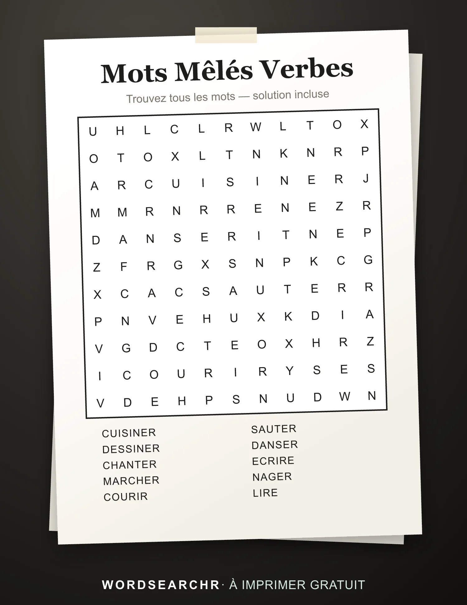 Mots Mêlés Verbes à Imprimer — 10 mots, Solution incluse