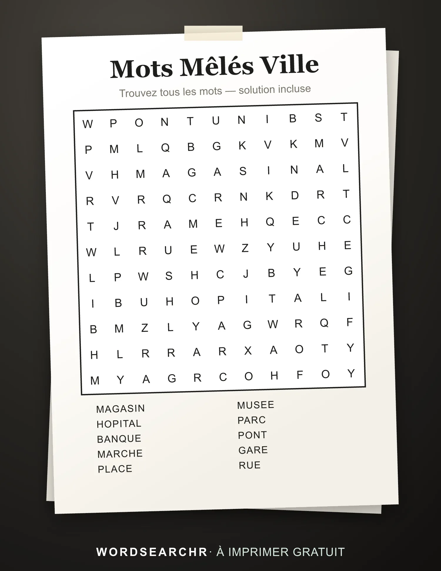 Mots Mêlés Ville à Imprimer — 10 mots, Solution incluse
