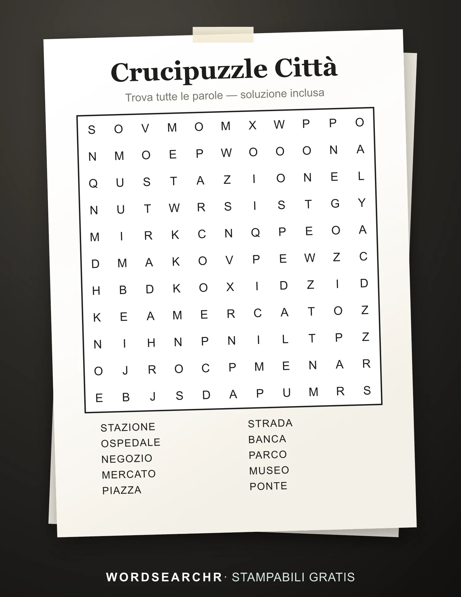 Crucipuzzle Città da Stampare — 10 parole, Soluzione inclusa