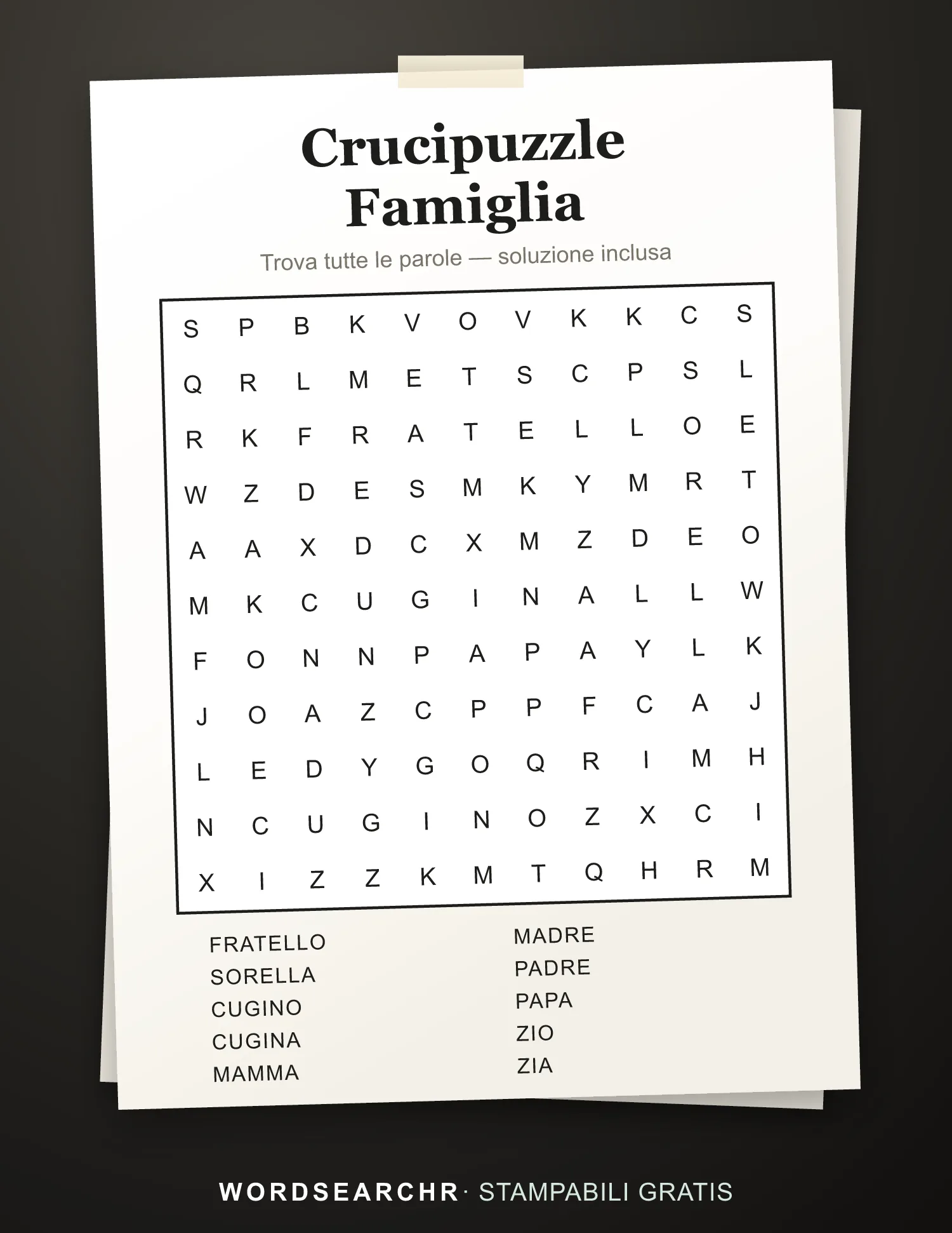 Crucipuzzle Famiglia da Stampare — 10 parole, Soluzione inclusa