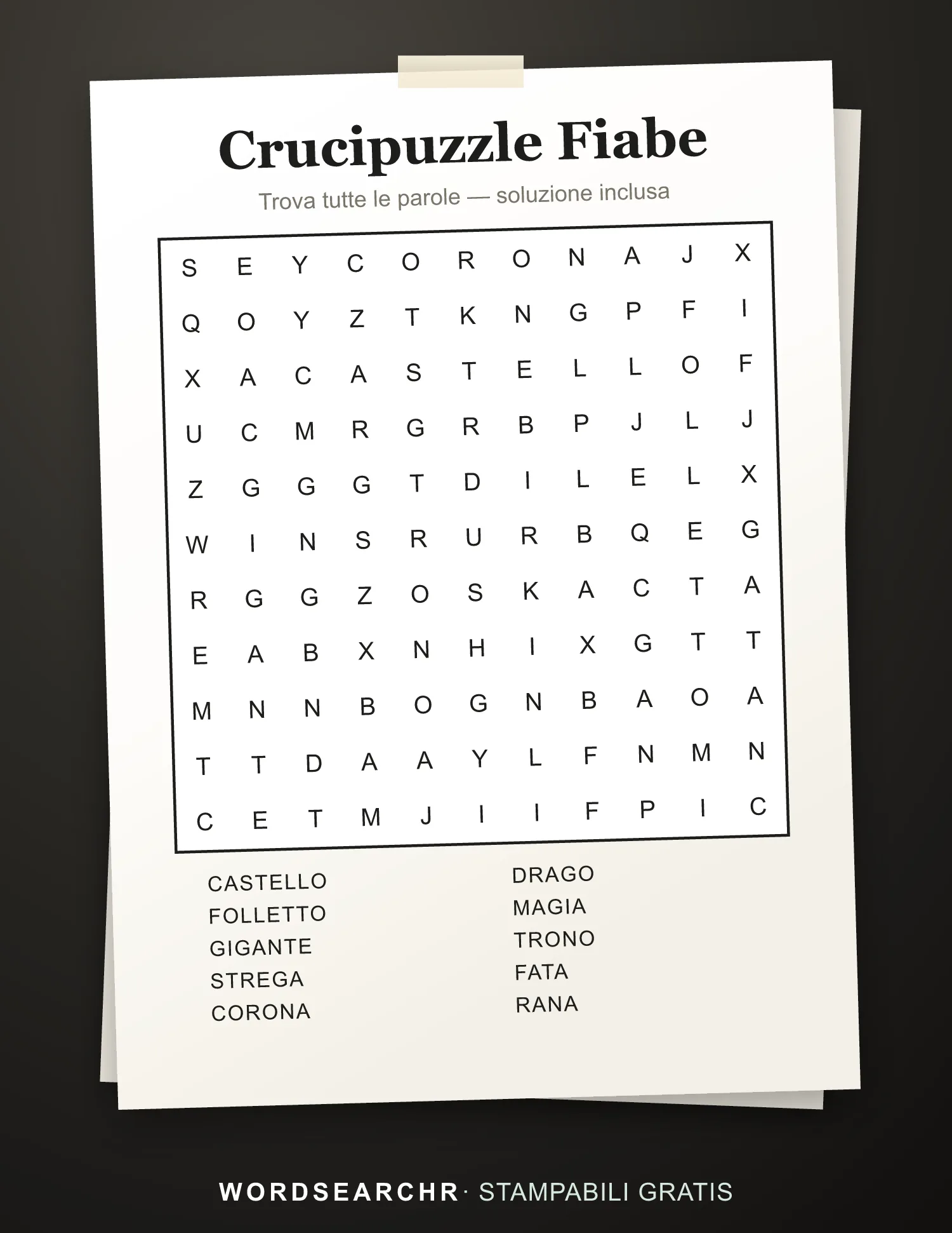 Crucipuzzle Fiabe da Stampare — 10 parole, Soluzione inclusa