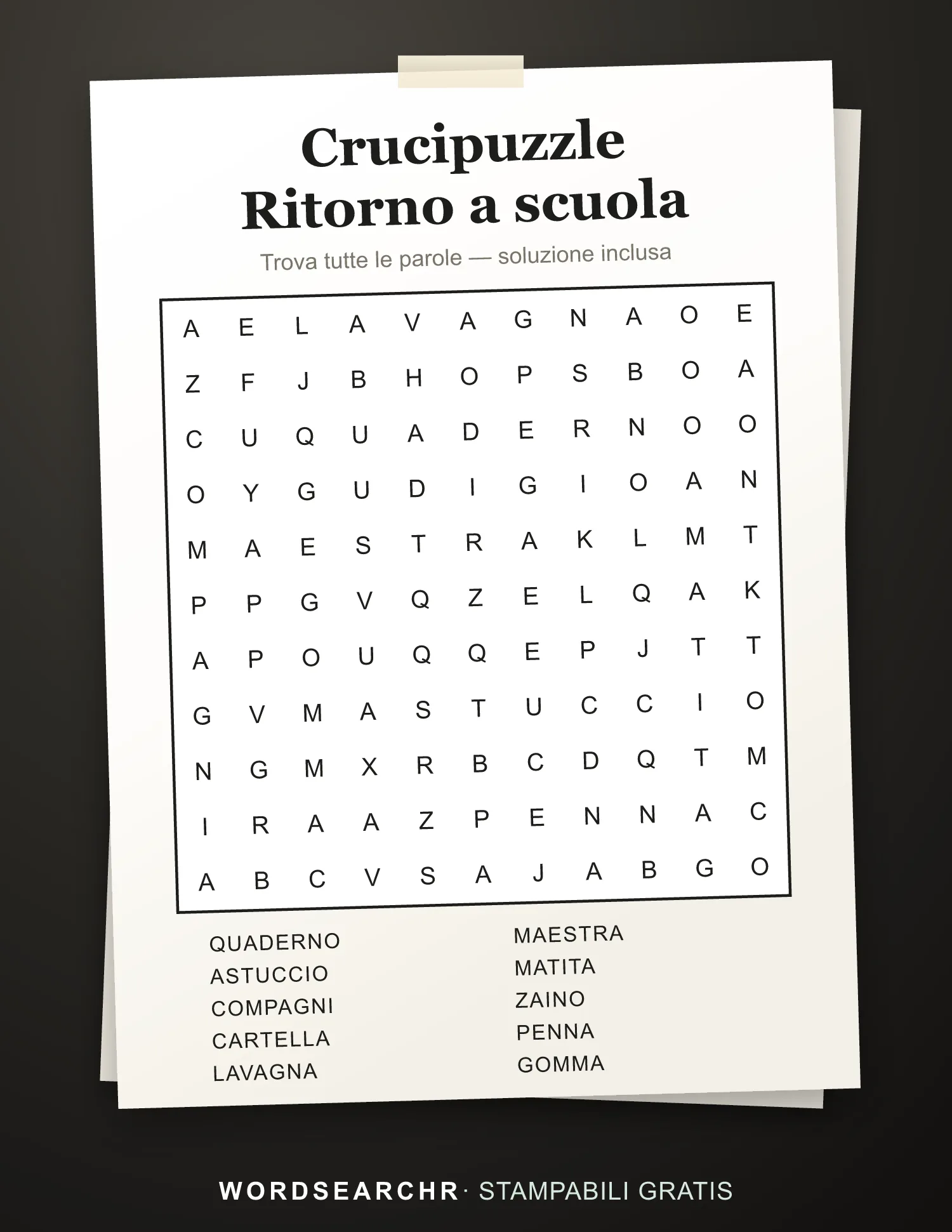 Crucipuzzle Ritorno a scuola da Stampare — 10 parole, Soluzione inclusa