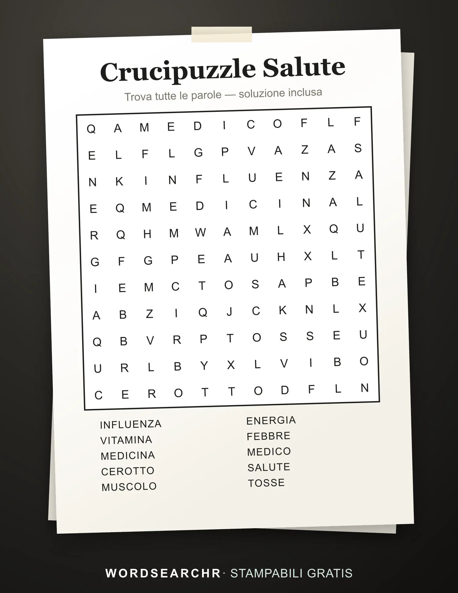 Crucipuzzle Salute da Stampare — 10 parole, Soluzione inclusa