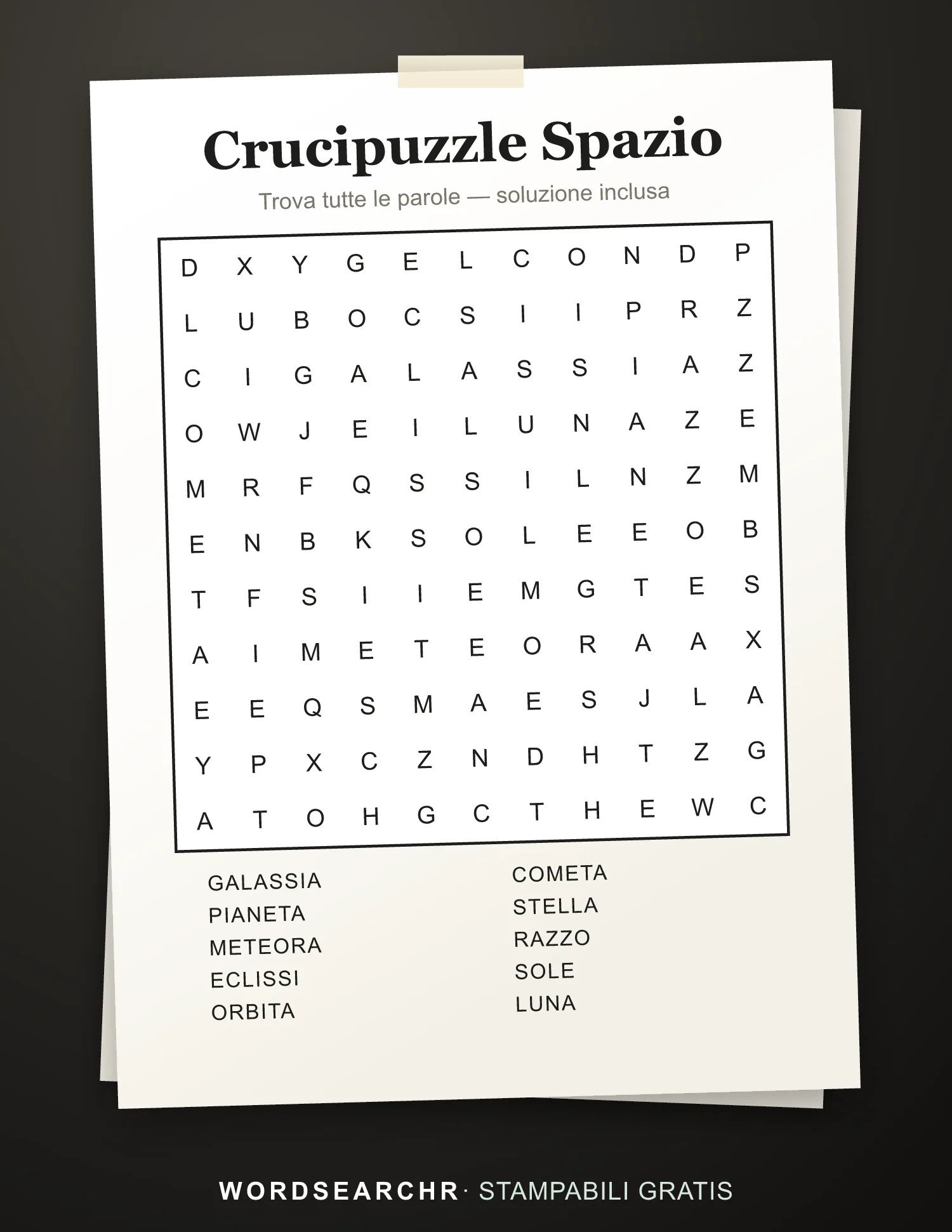 Crucipuzzle Spazio da Stampare — 10 parole, Soluzione inclusa
