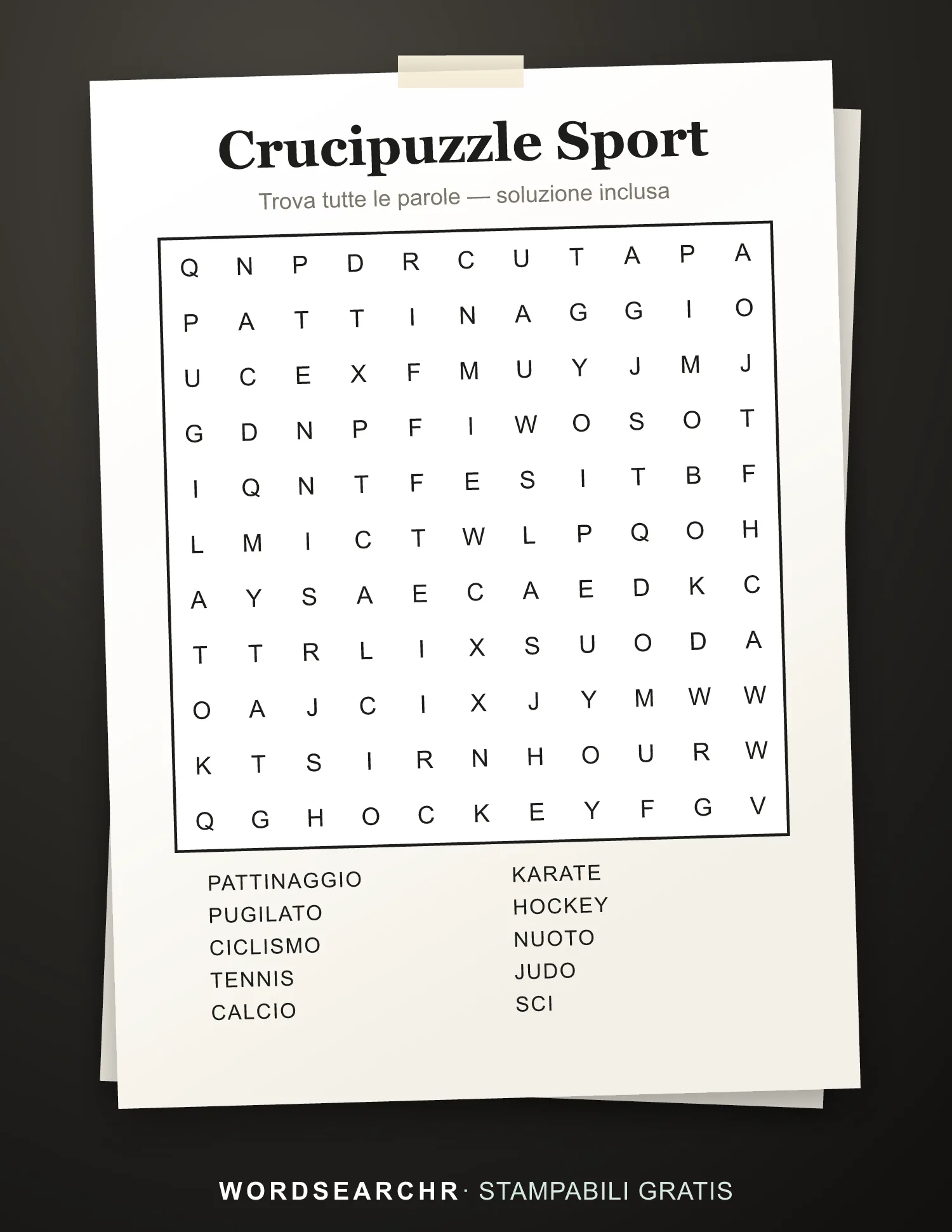 Crucipuzzle Sport da Stampare — 10 parole, Soluzione inclusa