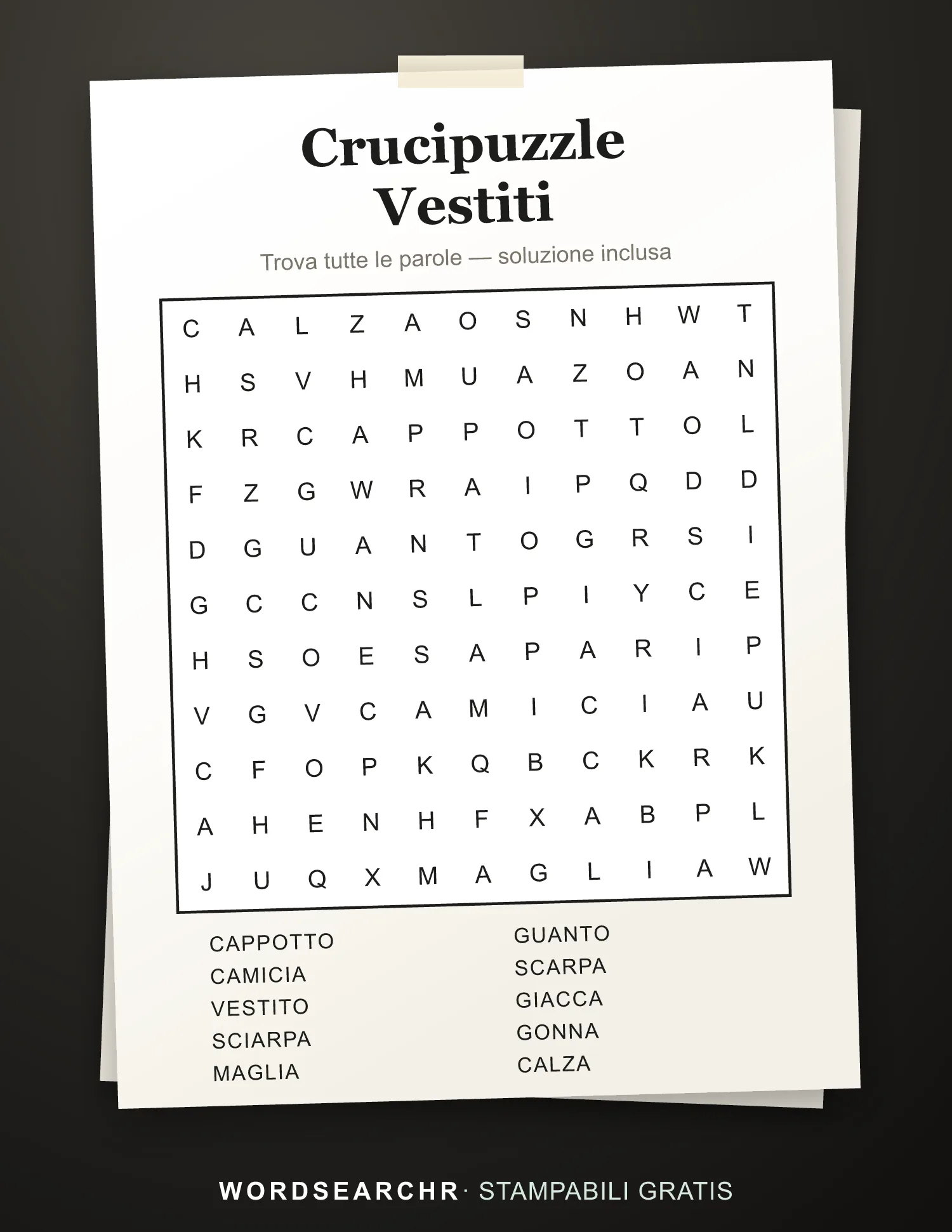 Crucipuzzle Vestiti da Stampare — 10 parole, Soluzione inclusa