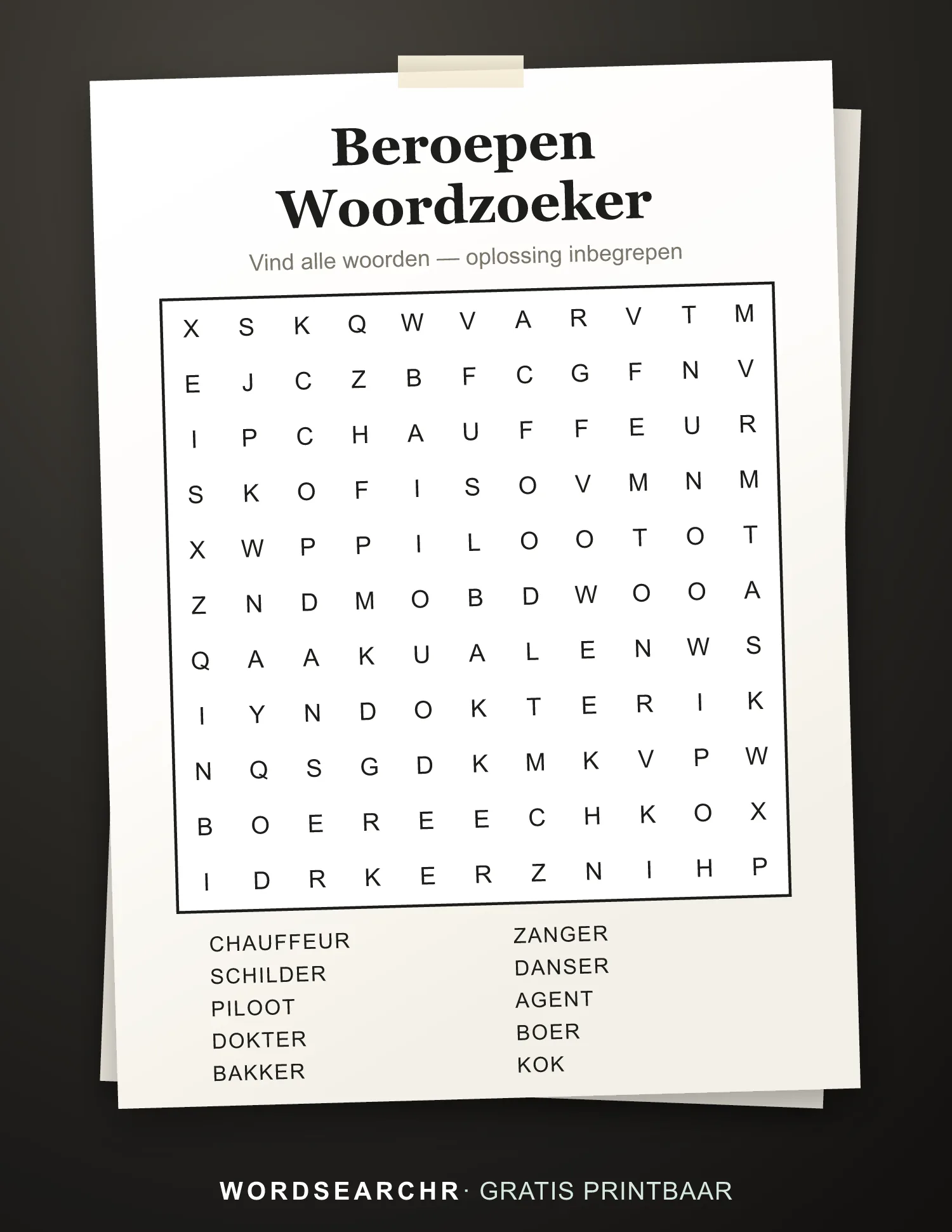 Beroepen Woordzoeker om te Printen — 10 woorden, Oplossing inbegrepen