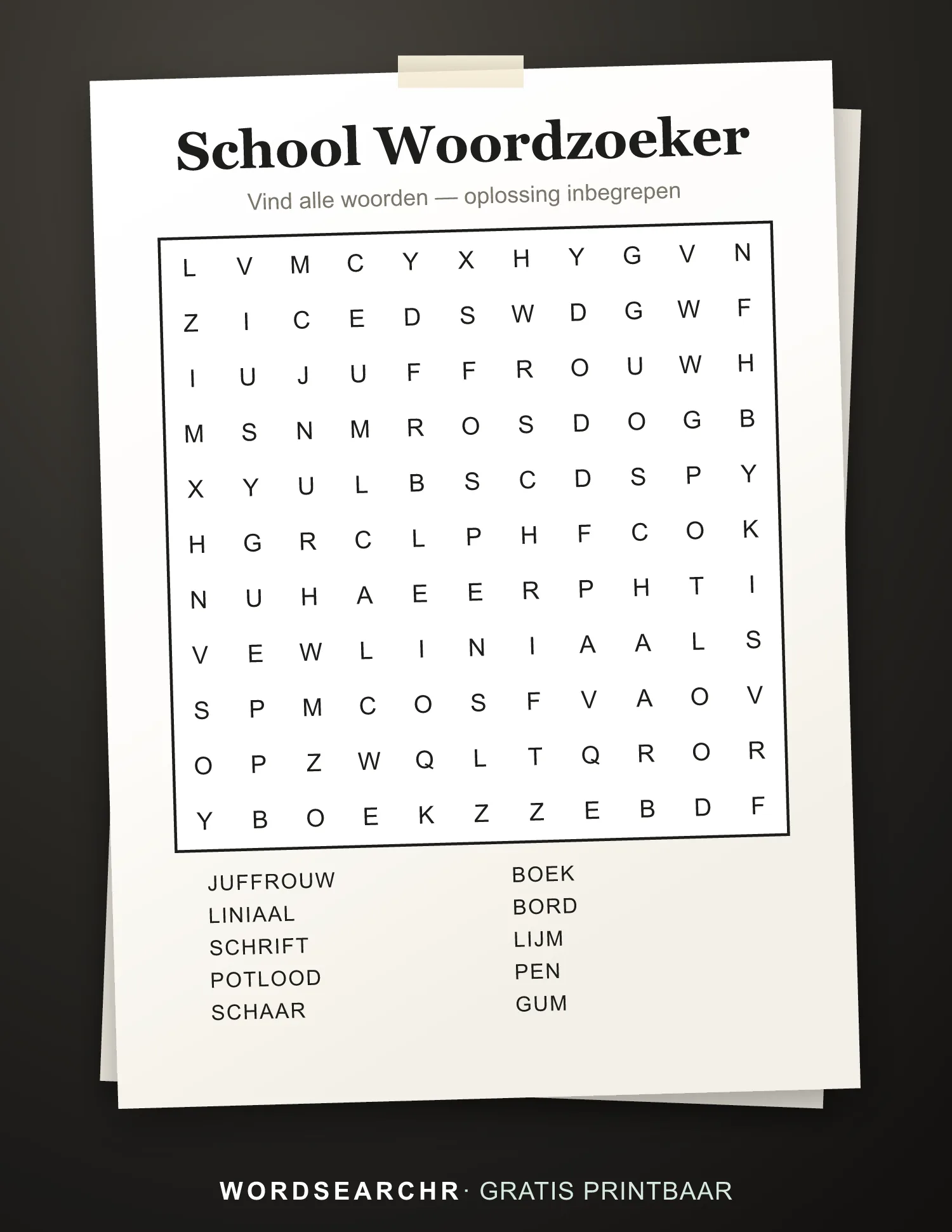 School Woordzoeker om te Printen — 10 woorden, Oplossing inbegrepen