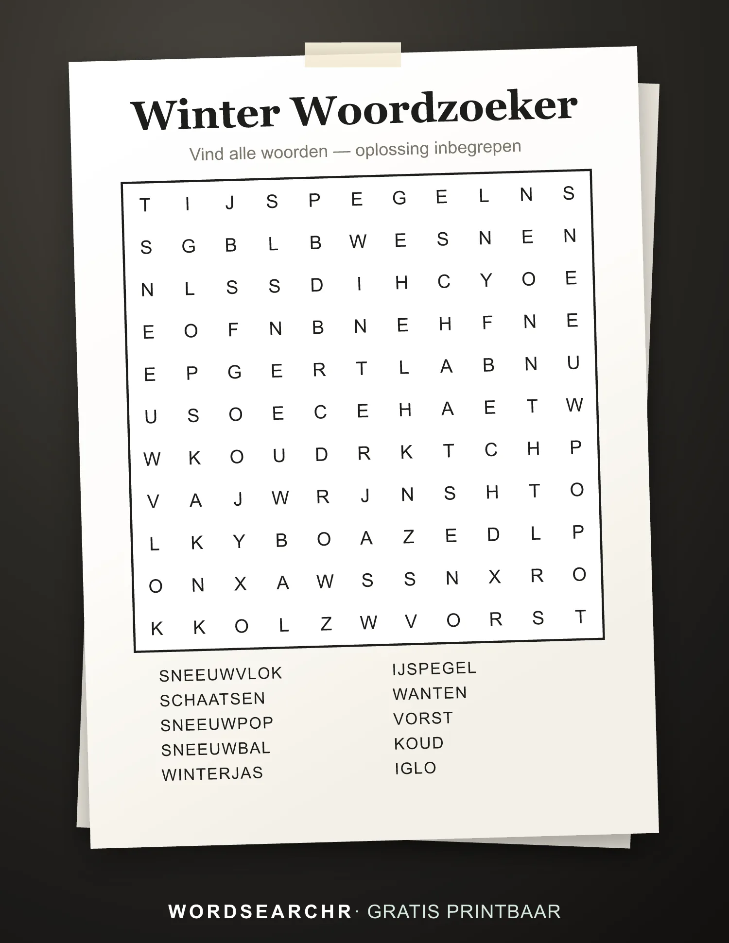 Winter Woordzoeker om te Printen — 10 woorden, Oplossing inbegrepen
