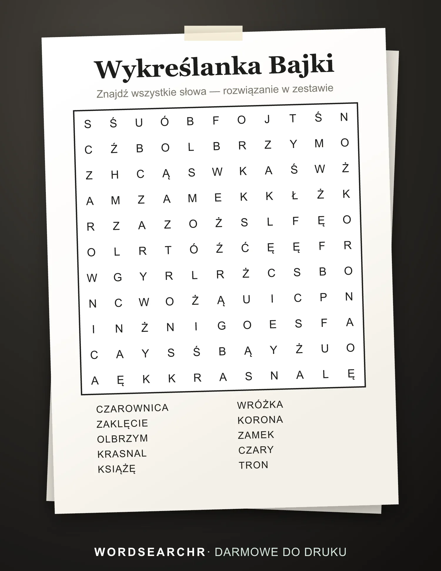 Wykreślanka Bajki do Druku — 10 słów, Rozwiązanie w zestawie