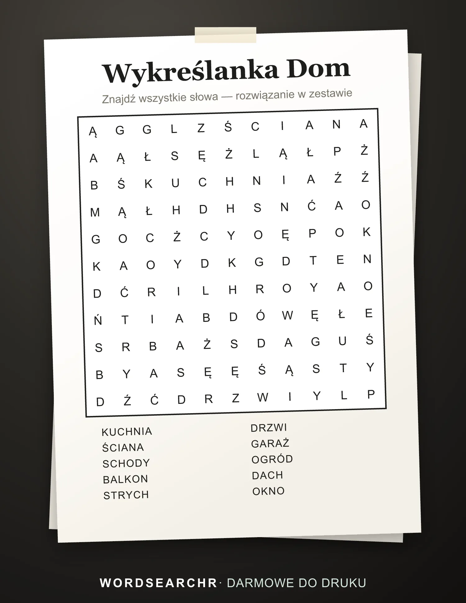 Wykreślanka Dom do Druku — 10 słów, Rozwiązanie w zestawie