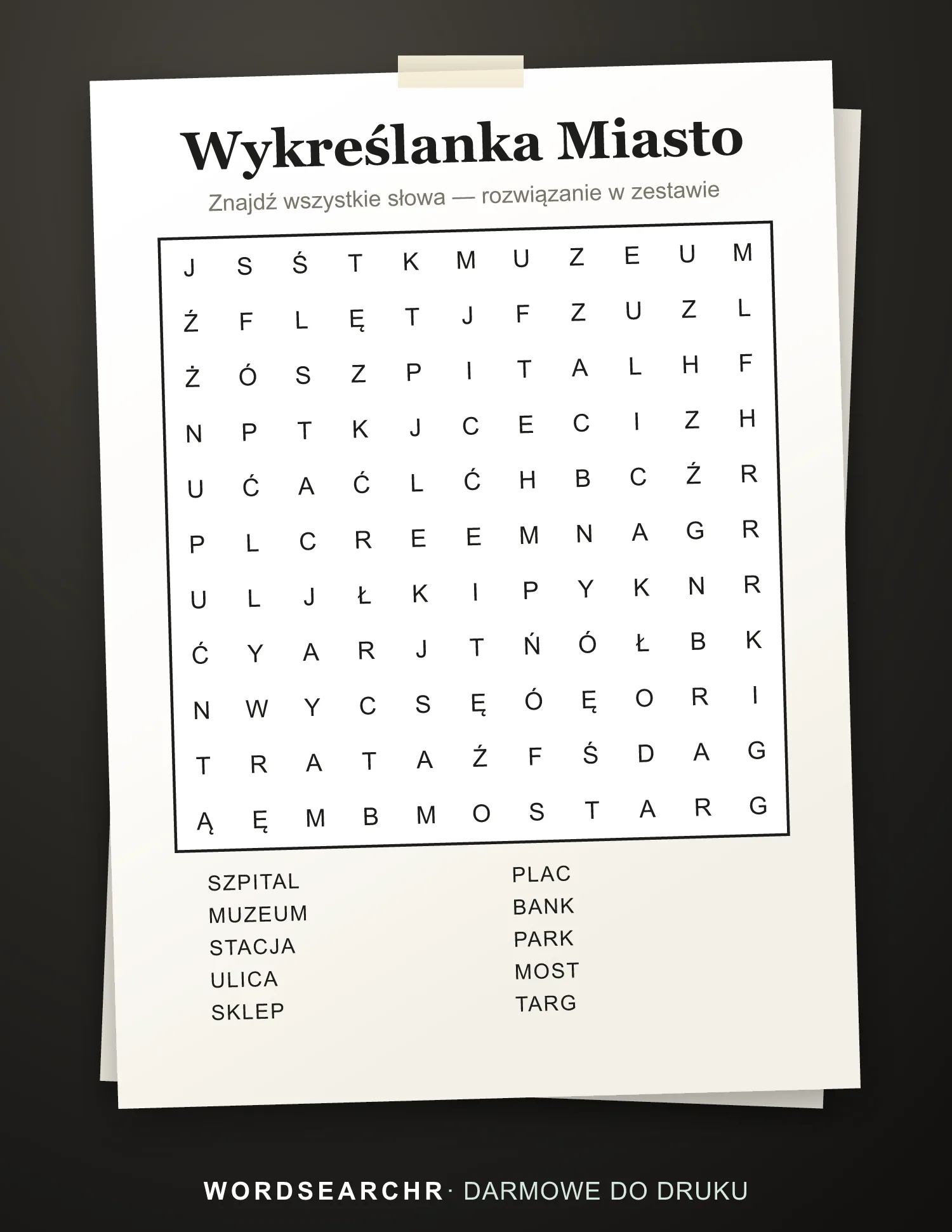 Wykreślanka Miasto do Druku — 10 słów, Rozwiązanie w zestawie