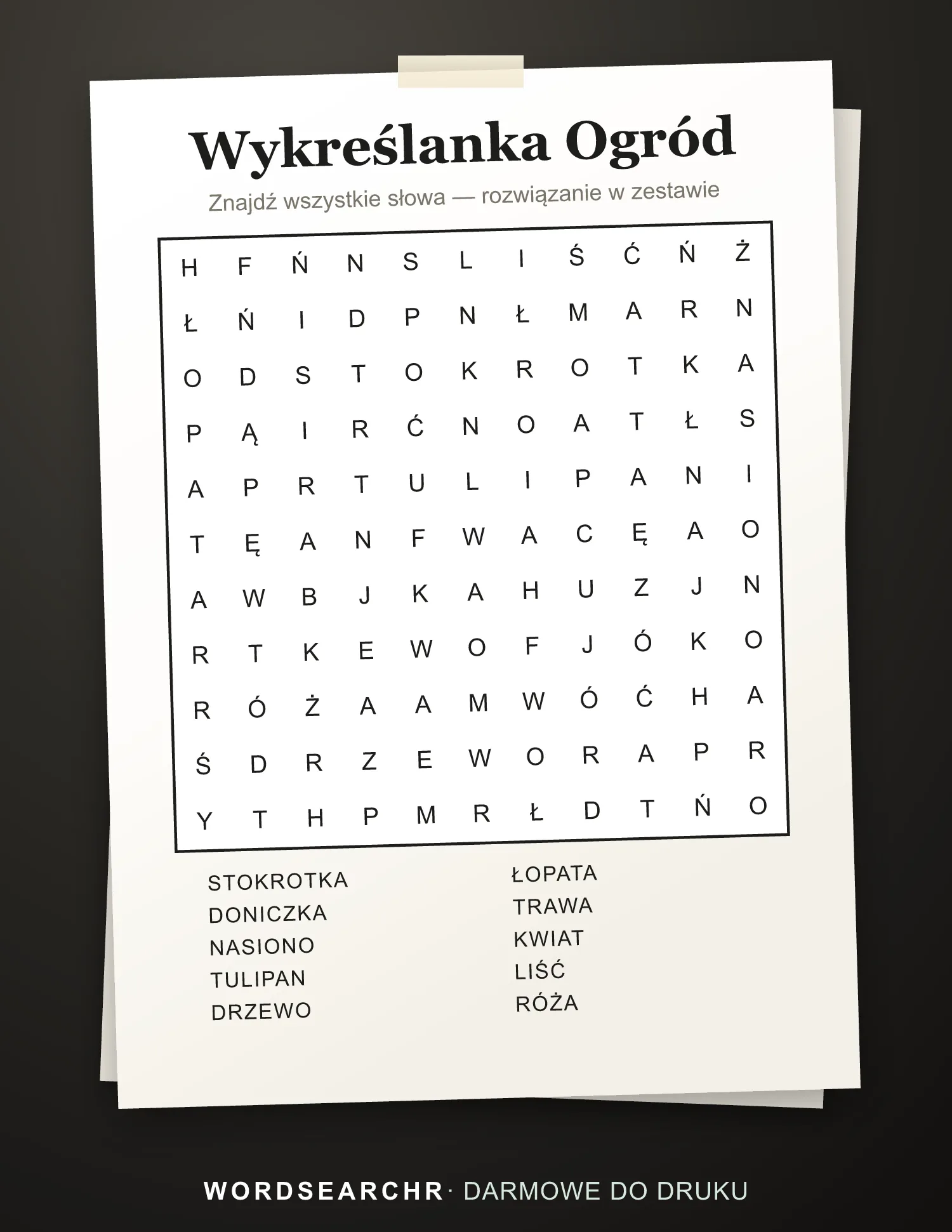Wykreślanka Ogród do Druku — 10 słów, Rozwiązanie w zestawie