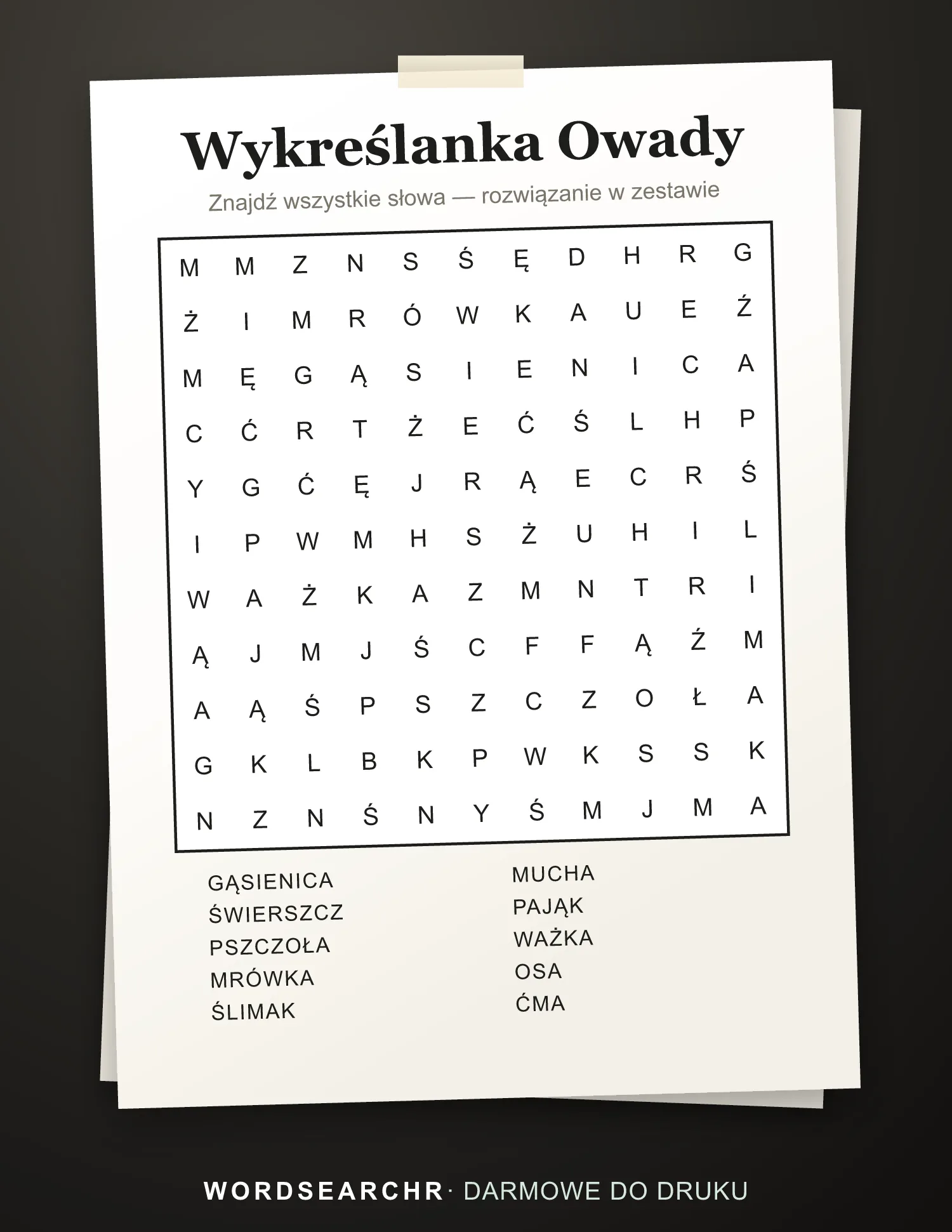 Wykreślanka Owady do Druku — 10 słów, Rozwiązanie w zestawie