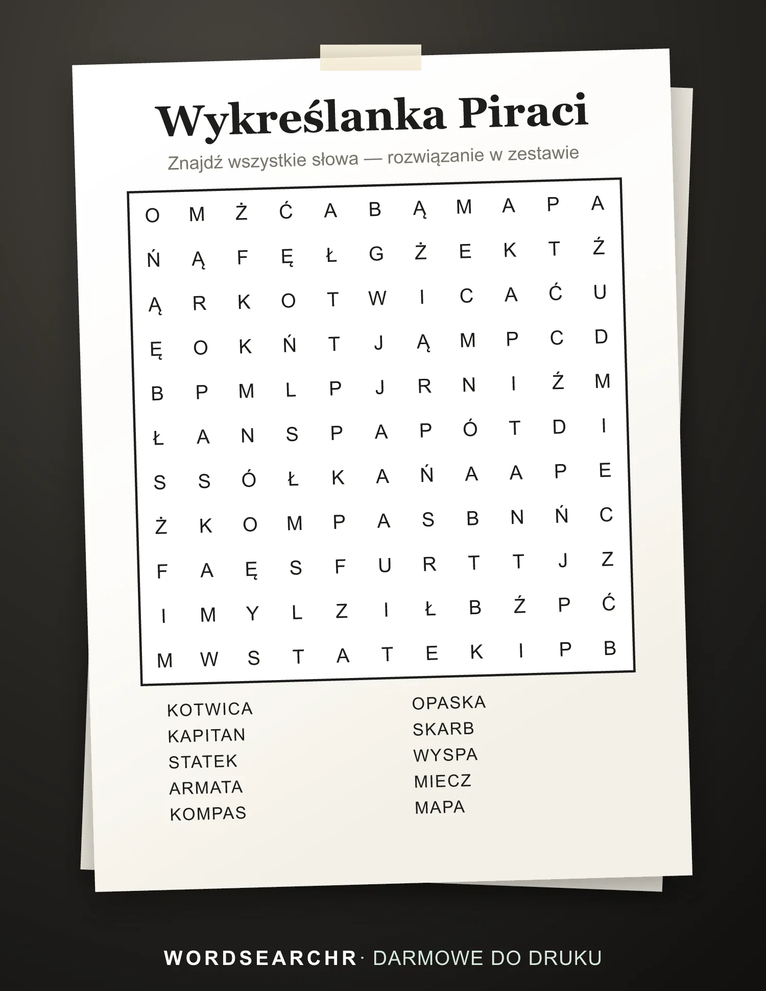 Wykreślanka Piraci do Druku — 10 słów, Rozwiązanie w zestawie